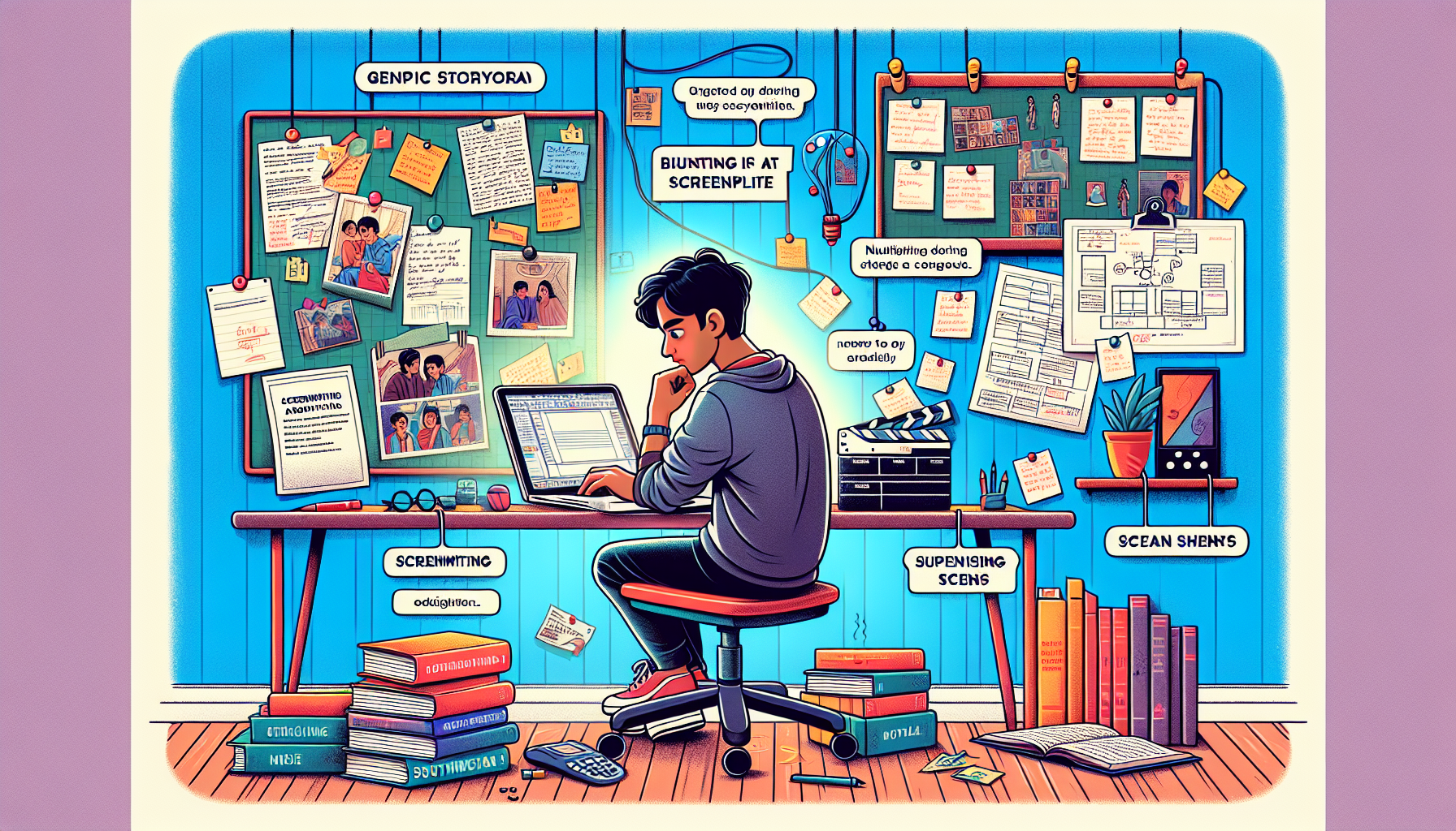 Prompt for DALL-E:

Create an image that depicts a young screenwriter working on their first screenplay. The scene should include a cozy workspace with a laptop displaying a scriptwriting software, storyboards pinned to a wall, note cards arranged in a sequence, and books on screenwriting. The room should have a creative and motivating atmosphere, with the screenwriter deep in thought, brainstorming ideas. The image should emphasize the structured process of developing an idea, outlining the plot, and organizing scenes, highlighting the journey of a beginner screenwriter.

Keyword: screenwriting for beginners and students.