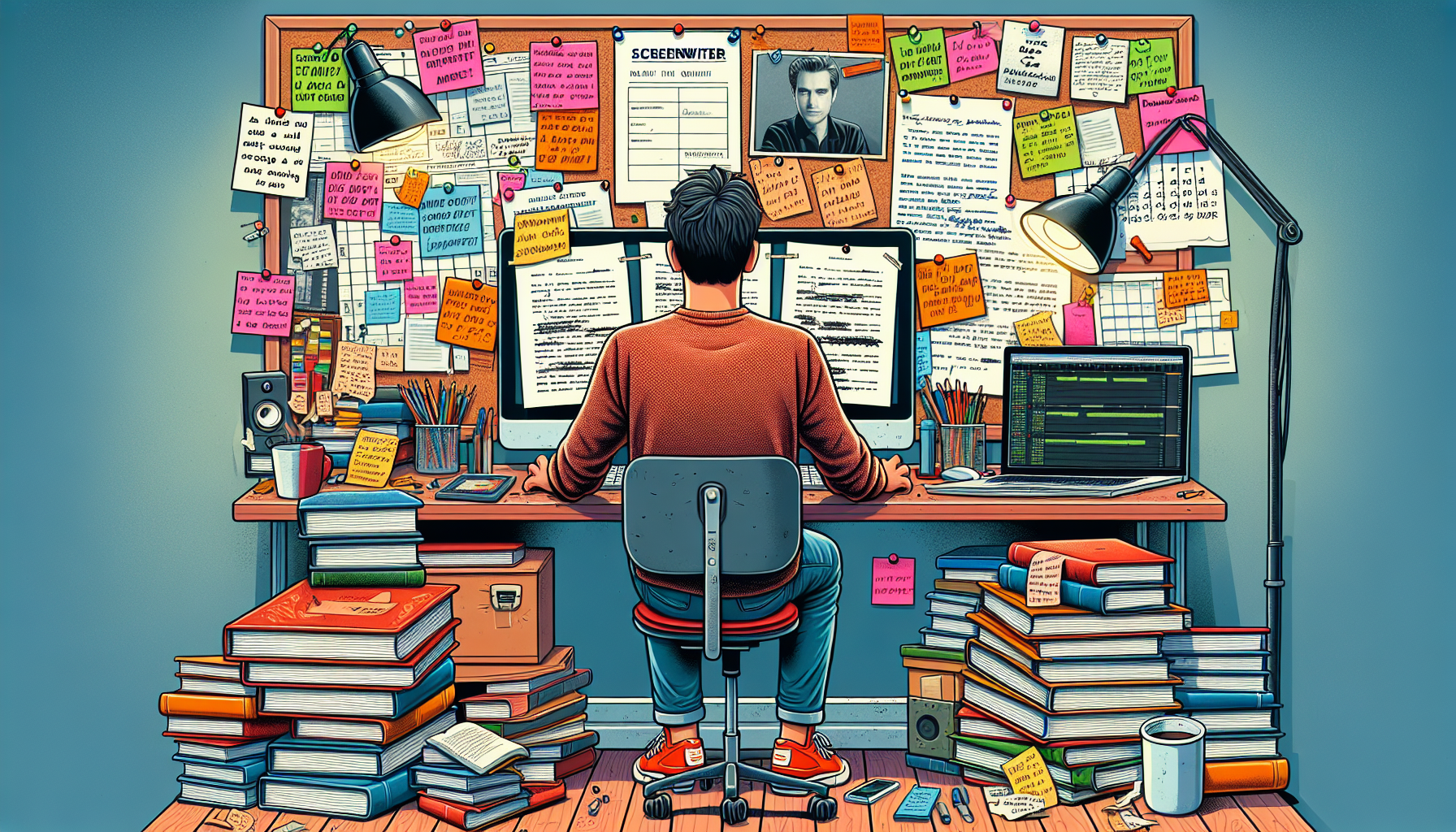 Generate an image with the following prompt for DALL-E:

A beginner screenwriter sits at a cluttered desk with a screenplay filled with handwritten notes, revisions, and feedback. Surrounding them are various screenwriting books, a computer with scriptwriting software open, and sticky notes on the wall with motivational quotes and brainstorming ideas. In the background, a corkboard displays feedback sheets, and a calendar marks upcoming writing workshops and deadlines. The scene conveys the continuous learning and growth of an aspiring screenwriter.