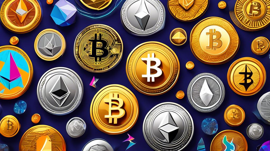A high-quality digital illustration featuring three major cryptocurrencies: Bitcoin (BTC), Ethereum (ETH), and a selection of emerging cryptocurrencies represented by their unique logos. Bitcoin is depicted as a majestic gold coin shining brightly, Ethereum as a sleek silver token with a futuristic design, and other emerging cryptos are shown in vibrant, eye-catching colors with distinct, dynamic logos. The backdrop includes a digital marketplace with charts and graphs indicating upward trends, portraying a sense of optimism and potential growth. The image should be modern, visually appealing, and convey the excitement and promise of investing in these top cryptocurrencies right now.