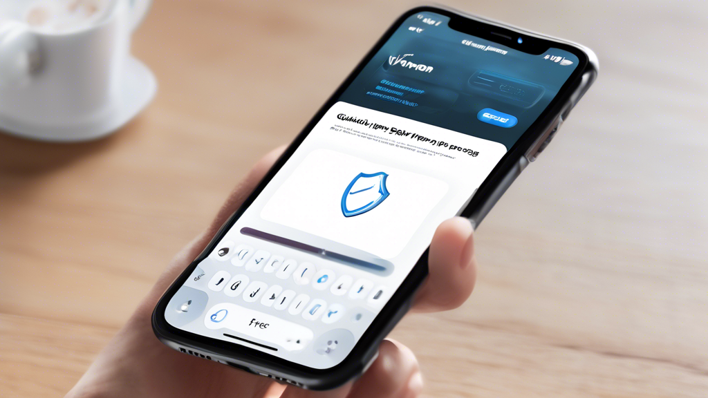 Create an instructional image showing a guided step-by-step process for installing and configuring a free VPN on an iPhone. The image should display a clean iPhone interface with steps labeled clearly, demonstrating how to download a free VPN app from the App Store, install it, configure settings, and connect to a VPN server. Include small tips or icons to highlight optimization for better security and speed, along with a troubleshooting section for common issues. The background should be simple and tech-themed, ensuring the focus remains on the iPhone screen and the steps involved.