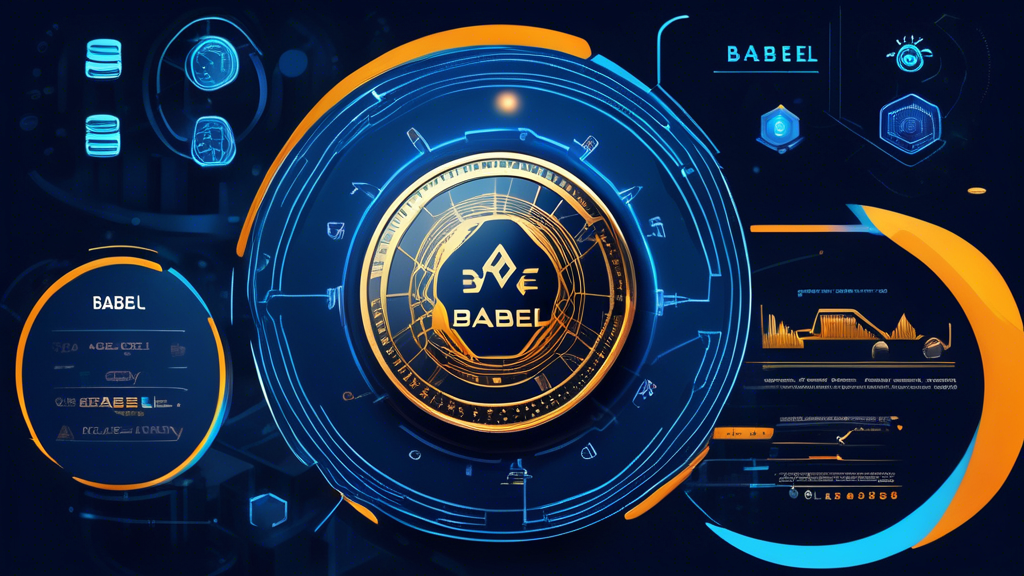 Create an image that visually represents the key features and benefits of the Babel Finance Coin. Include elements such as a shiny, branded coin with the Babel Finance logo, graphical charts and metrics illustrating growth and stability, and a comparison checklist highlighting its advantages over other cryptocurrencies. The background should convey a futuristic, tech-savvy atmosphere to emphasize innovation and financial growth.