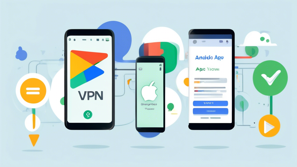 An illustrated step-by-step tutorial on how to download and install a VPN on an Android device. The image should include visuals of an Android smartphone screen showing the Google Play Store, selecting a VPN app, downloading the app, and setting it up. Include accessible icons for updating and configuring VPN settings for optimal performance. The style should be clear, easy-to-follow, and informative, with a focus on the keyword: vpn free download for android.