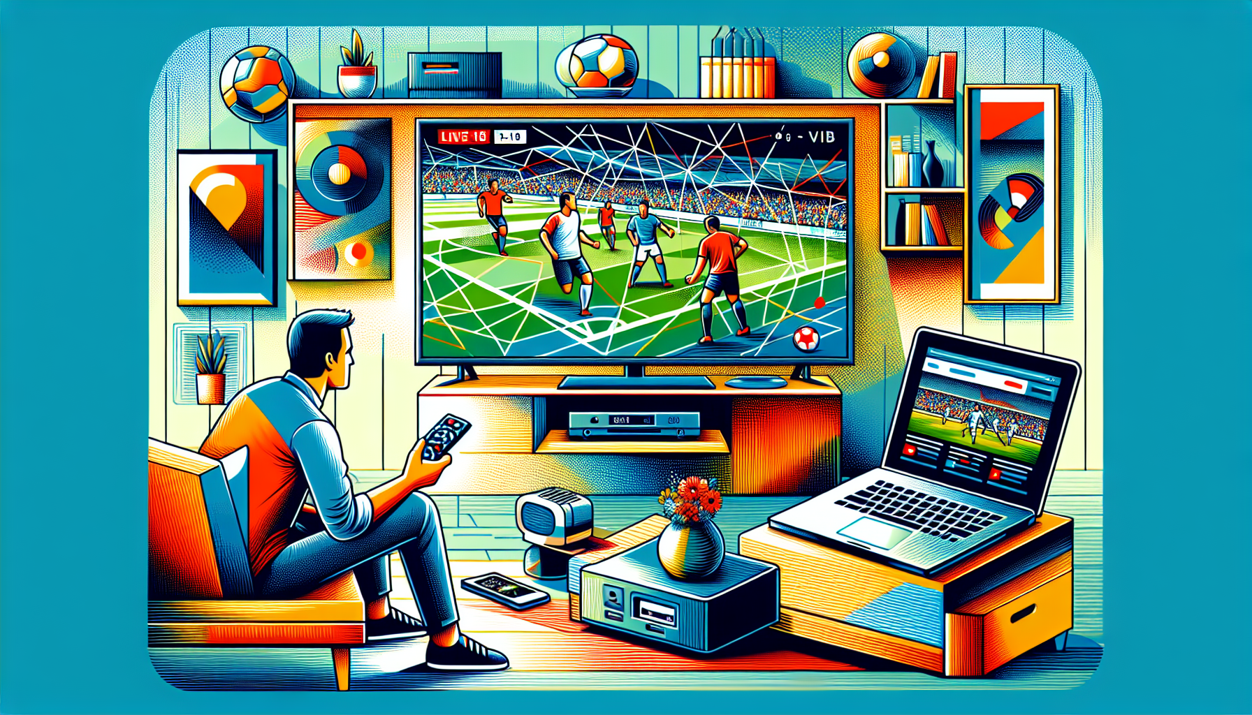 Create an image that shows a modern living room with a large flat-screen TV mounted on the wall. The TV screen is displaying live coverage of the World Cup on Telemundo. Include a person holding a remote control and looking at the TV. To the side, show a laptop open with the Telemundo streaming website visible, and a smartphone displaying the Telemundo app. Add small details like a cable box under the TV, and icons of streaming services like Peacock. The overall atmosphere should be cozy and inviting, highlighting the different ways to watch Telemundo Mundial en Vivo.