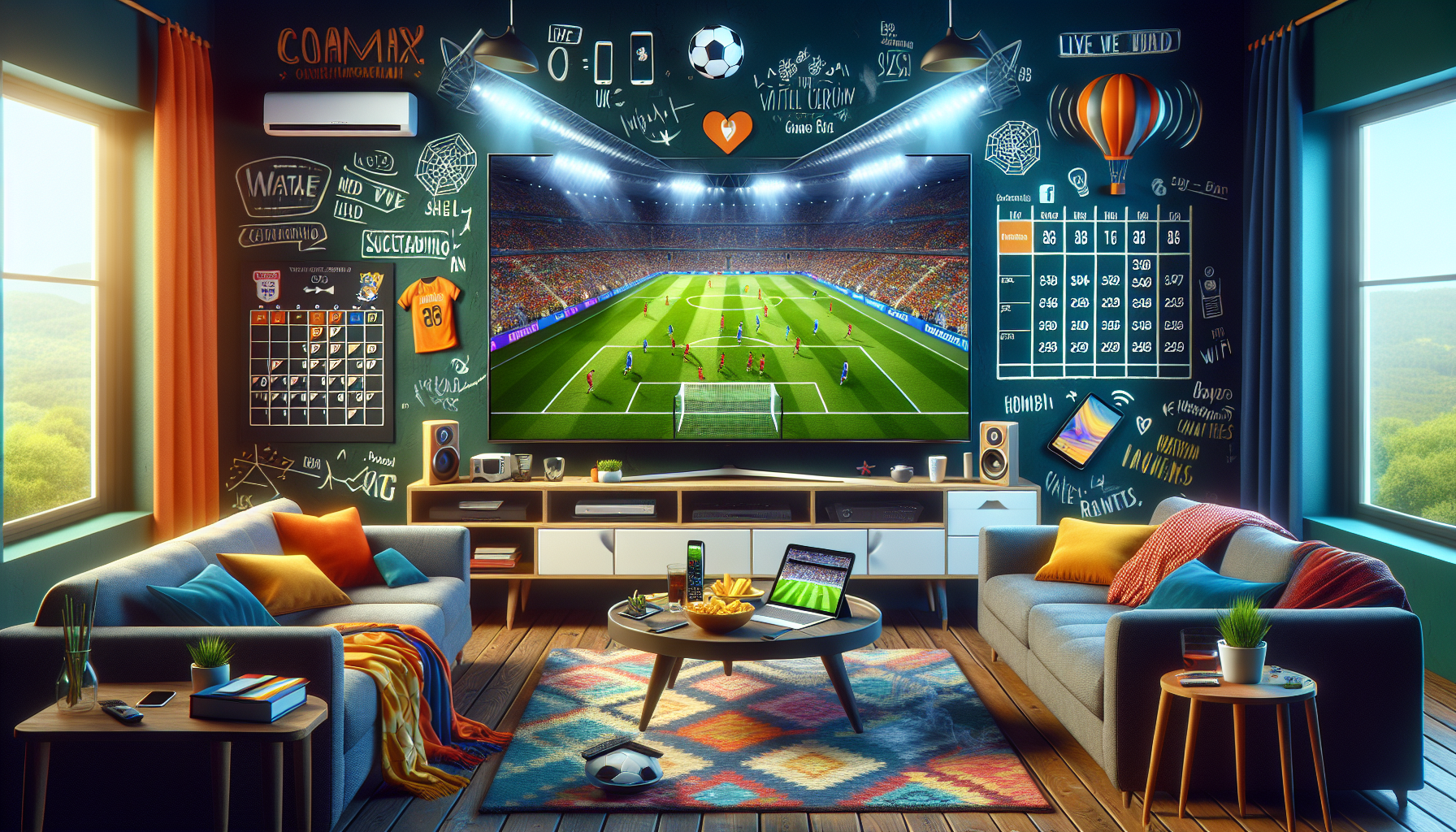 Create an image depicting a living room setup optimized for watching live sports. The focal point is a large 4K UHD TV screen displaying a Telemundo broadcast of a World Cup soccer match. The room should include a comfortable couch, a coffee table with snacks, a fast Wi-Fi router, and a calendar on the wall marked with important match dates. Illustrate smartphones and tablets with the Telemundo app open, showing live game scores and social media comment feeds to emphasize real-time interaction. The atmosphere should be vibrant and engaging to highlight the excitement of watching the World Cup live.