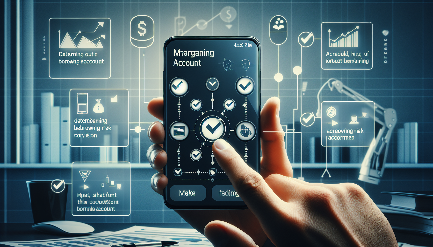 Create an image that depicts a user-friendly interface on a smartphone screen showing the Robinhood app. The screen should display the step-by-step process of setting up a margin account, highlighting elements like setting the borrowing limit, understanding risk warnings, and confirming account settings. Include a hand interacting with the app, with visual cues like arrows and checkmarks to indicate progression through the steps. The background can show a clean, modern workspace with neutral colors to keep the focus on the app interface.