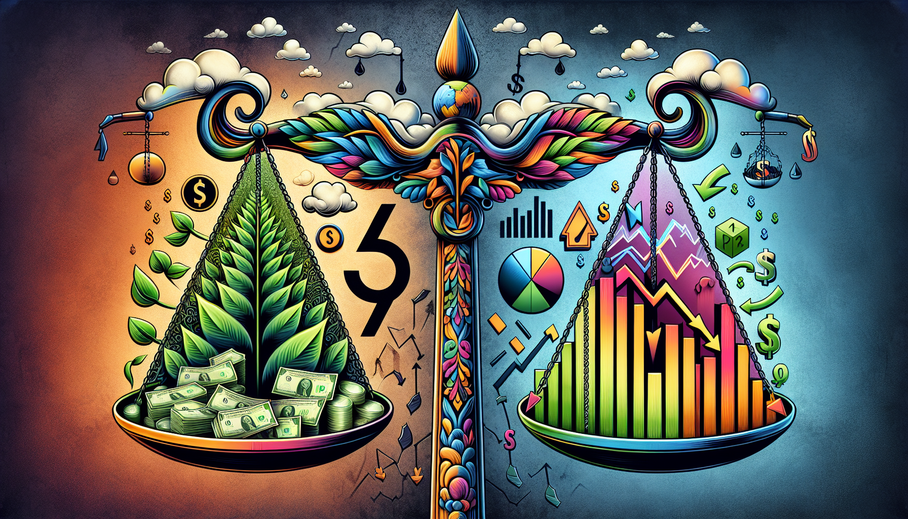 Create an image illustrating the risks and benefits of using a Robinhood margin account. The image should depict a balanced scale, with one side representing the potential risks (such as increased losses and margin calls) through visuals like downward-trending charts, warning signs, and dollar bills falling. On the other side, illustrate the benefits (like increased buying power and potential for higher returns) with upward-trending charts, growth symbols, and stacks of money. Add a subtle Robinhood logo somewhere on the scale to tie it specifically to Robinhood margin accounts.