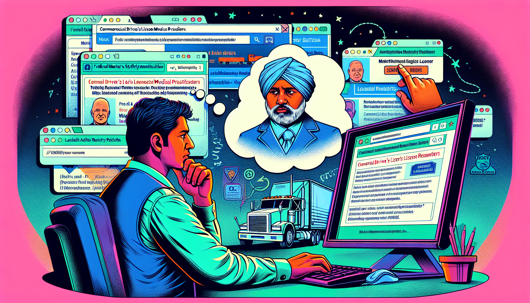 Digital illustration of a person sitting at a computer typing 