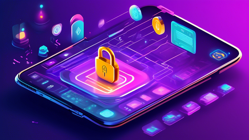 A detailed digital illustration depicting a high-tech crypto app interface with various advanced security measures. The scene includes visual elements like a two-factor authentication prompt, encryption symbols, and security protocols being highlighted. Emphasize the app’s sleek design and sophisticated security layers that ensure the safety of investments. Background elements can include padlocks, shields, and secure server icons that underline the importance of robust security in a crypto app.