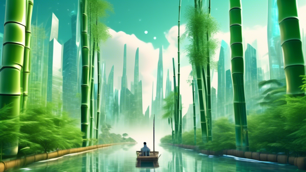 Create a DALL-E image with the following prompt:

A futuristic financial landscape showcasing the growth and evolution of Bamboo Finance Crypto. The scene includes a digital city with towering skyscrapers made of bamboo and digital technology elements, symbolizing innovation. In the sky, charts and graphs are projected holographically, indicating market trends and expert forecasts. Some bamboo stalks are integrated with blockchain symbols to represent security and transparency. Also, feature people interacting with advanced interfaces, hinting at the future challenges and solutions in digital investments.