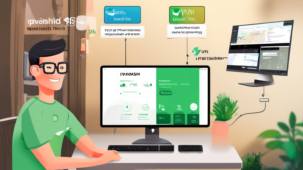 An illustrative scene showing a user sitting at a computer, exploring various features of IPVanish VPN during a free trial. The screen displays a dashboard with options such as 