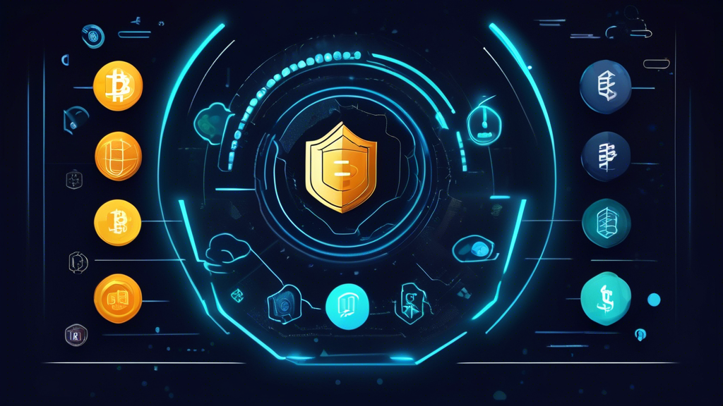 Create an image depicting Top Features to Consider When Choosing the Best Crypto App. The scene should show a modern digital dashboard with various icons and graphs highlighting key features such as security with a shield icon, user interface with an intuitive layout, multiple cryptocurrencies with diverse coin symbols, and real-time market data with live charts. There should also be a visual representation of integration capabilities with icons of different financial tools and platforms connecting seamlessly. The background should be sleek and tech-inspired, giving a futuristic feel.
