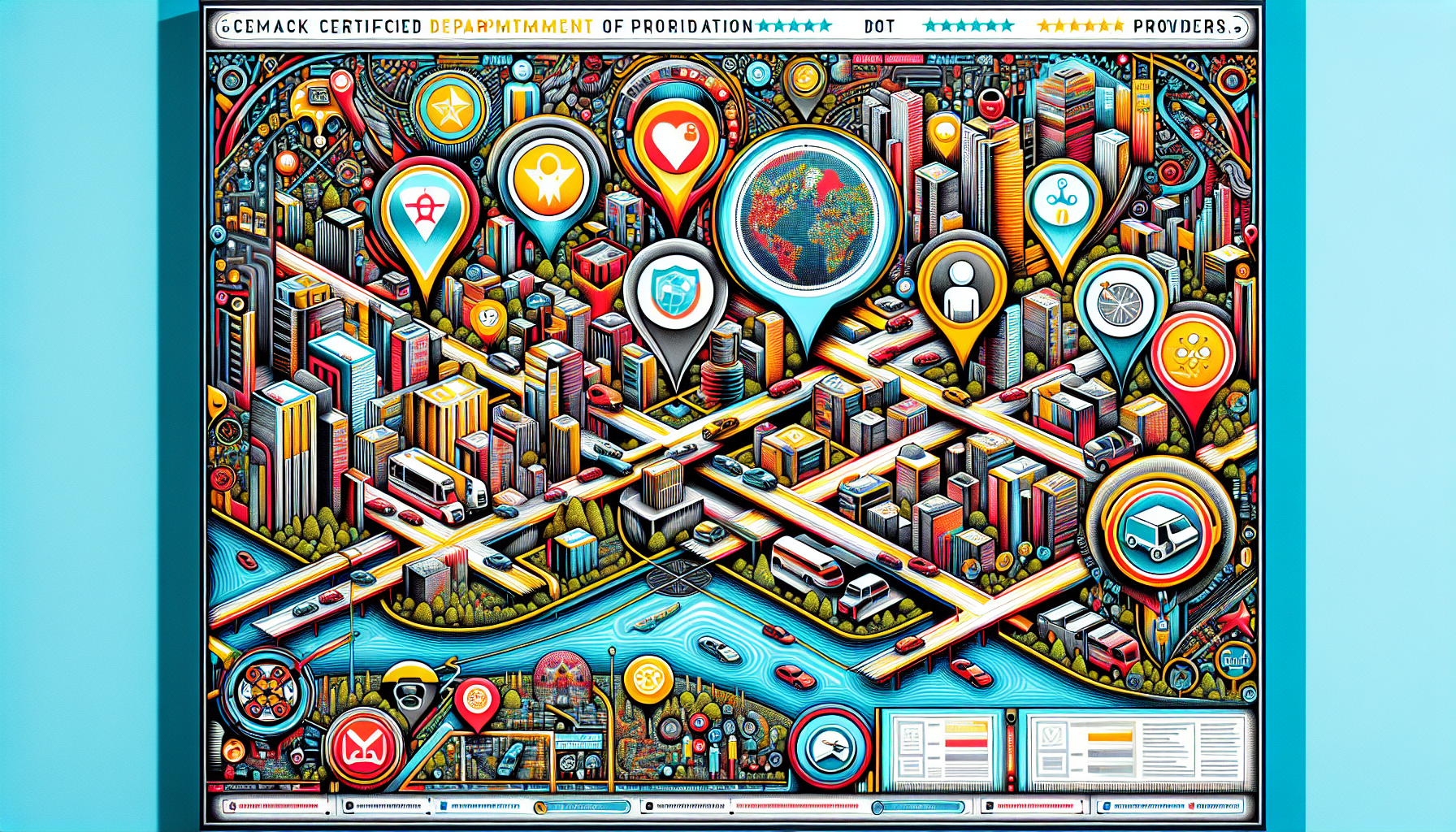 Detailed digital map displaying various locations of certified DOT physical providers in a large city, with highlighted reviews and ratings visible, and a side panel listing tips for identifying high-quality services.
