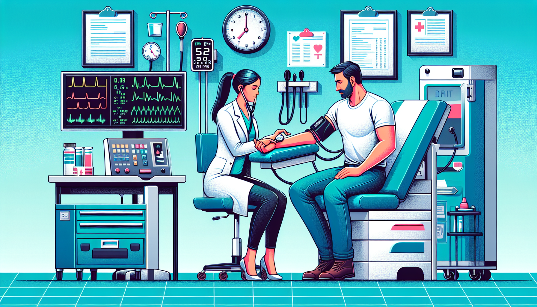 DALL-E prompt: An illustrated scene in a medical clinic where a doctor in a white coat is conducting a DOT physical examination on a commercial truck driver. The room is equipped with medical charts, a blood pressure monitor, and other necessary medical instruments. The driver is sitting on an examination table, and the doctor is checking his blood pressure. Include visuals of the key health metrics being assessed, such as vision and hearing test equipment in the background. Also, depict a table with documents indicating required paperwork for the physical.