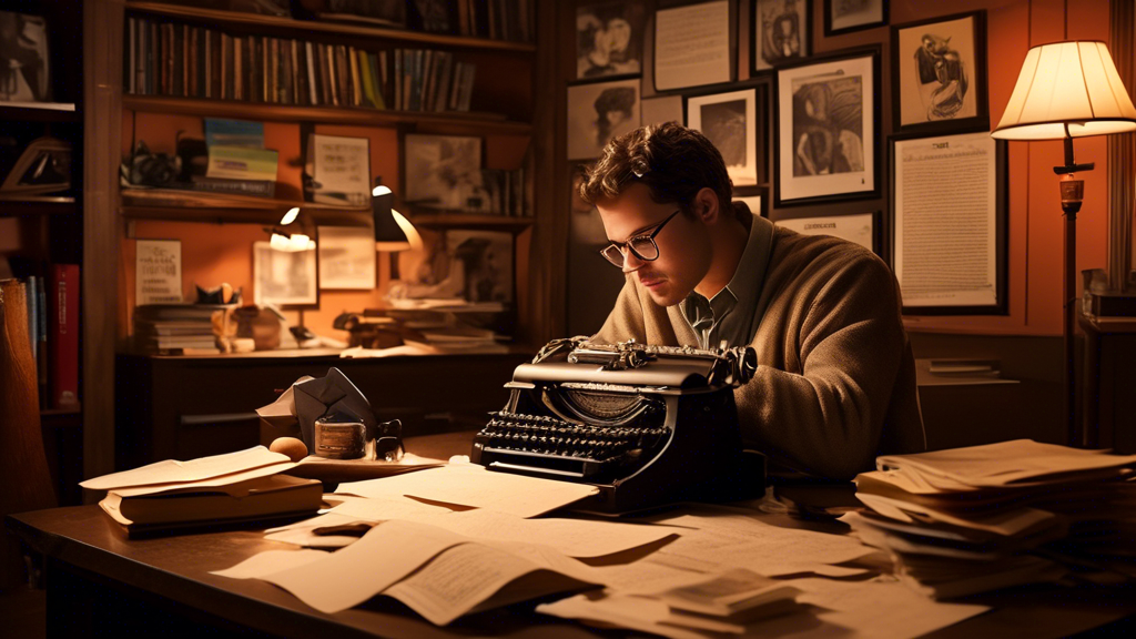 Create an image that captures the essence of screenwriting techniques and strategies. Illustrate a scene where an aspiring screenwriter is in a cozy, dimly lit study, intensely focused on their vintage typewriter with sheets of paper scattered around. The walls are adorned with framed posters of classic films, and bookshelves are stacked with literature on storytelling. A bulletin board in the background showcases index cards and colorful sticky notes that outline plot points and character arcs. The scene also includes a window showing a rainy night outside, evoking a sense of dedication and inspiration.