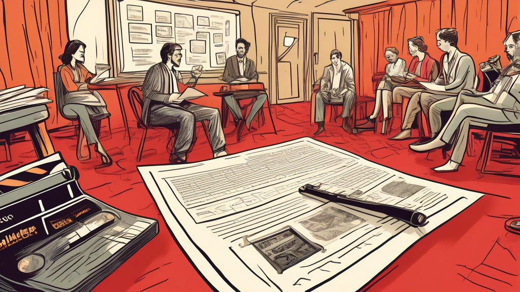 Prompt for DALL-E:

A detailed illustration of the screenwriting process from script to screen: a vibrant storyboard showcasing key scenes, a writer pitching to directors in a production meeting, actors rehearsing their lines, and the final film being celebrated at a red carpet premiere. Include elements like script pages, a film reel, and clapperboard to capture the essence of the screenwriting journey in the film industry. Use a dynamic and engaging art style to depict the collaborative and creative aspects of bringing a screenplay to life.

Keyword: screenwriting.