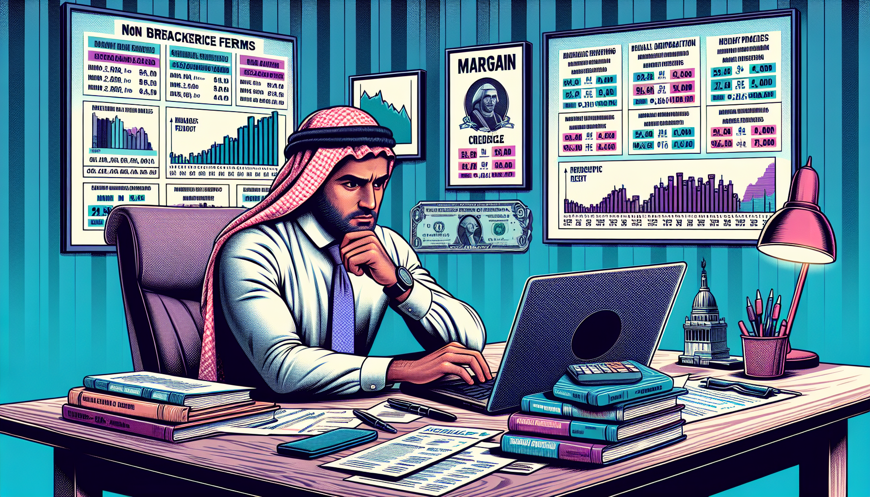 Prompt: An individual sitting at a desk with a laptop open, deeply focused on their screen. The laptop displays detailed comparisons of various brokerage firms, highlighting their fees, interest rates, and terms. Nearby, there are documents and a credit report, indicating that the person is gathering necessary documentation and information. A few financial books and papers on ‘Margin Trading’ are scattered around. The scene is set in a well-organized home office with motivational posters related to finance and trading on the walls.