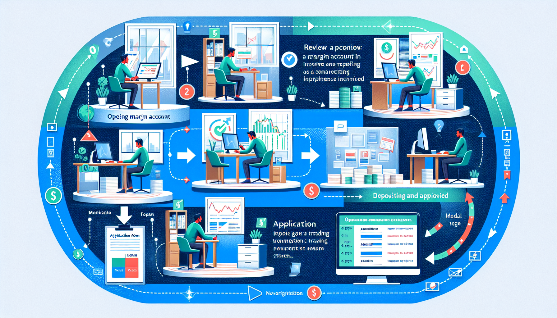 A detailed illustration showcasing the step-by-step process of opening a margin account. The image should display a sequence starting with filling out an application form on a computer or mobile device, followed by a review and approval process with timelines and notifications, and concluding with depositing funds and beginning to trade. The setting should be a home office environment with a modern, clean design, emphasizing the phases clearly and methodically. Highlight the ease of navigation and the practical steps involved in successfully opening and funding a margin account.

Keyword: open a margin account