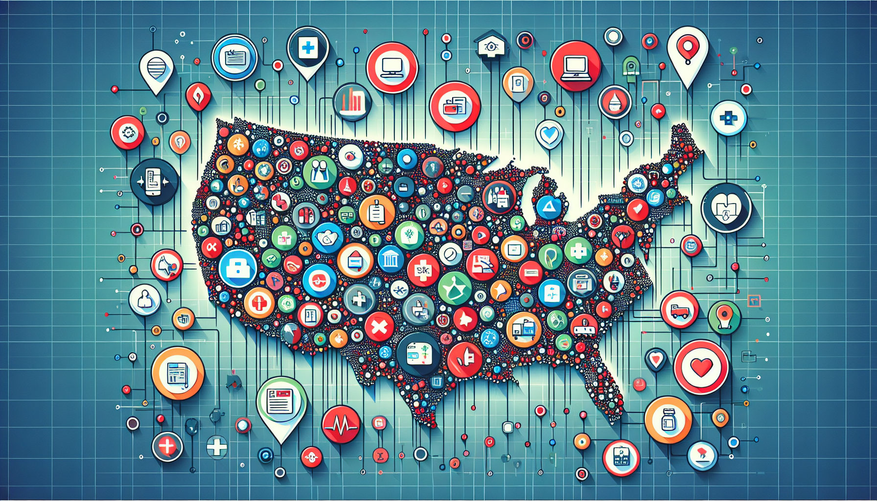 An informative digital interface displaying a map of the United States pinpointing various locations of clinics, hospitals, and occupational health providers offering DOT physicals, complemented by icons representing online tools such as the FMCSA National Registry and other medical website search bars.
