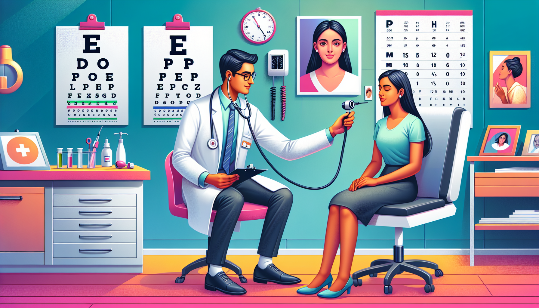 Prompt: Illustration of a patient undergoing a DOT physical with a doctor in a clinic setting. The image should detail the doctor performing various health screenings--hearing, vision, and blood pressure tests--while a patient sits calmly. The clinic room is equipped with medical charts and necessary tools for the exam. Include visible certifications on the wall, showing the doctor is a certified medical examiner. The overall vibe should be professional and reassuring.