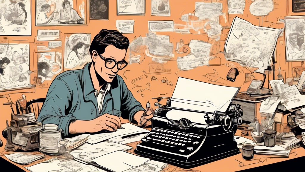 Create a high-resolution digital illustration depicting essential scriptwriting techniques: an author sitting at a cluttered desk filled with research materials and brainstorm notes, surrounded by concept sketches of diverse characters. The author is typing enthusiastically on a vintage typewriter, with a backdrop of dynamic thought bubbles showing dialogue snippets, plotlines, and story arcs. The atmosphere should be creative and bustling, capturing the excitement of developing compelling characters and intricate plots.
