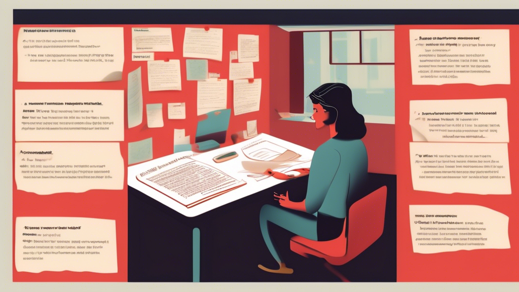 Create an image that illustrates advanced script writing techniques. Show a split scene with a screenwriter at a desk, deeply involved in their writing. On one side, depict the Three-Act Structure with clear labels and a character journey arc. On the other side, visualize elements of subtext through shadowy figures and symbolism, and editing tools like red pens and sticky notes scattered across the script. Keywords: advanced script writing, three-act structure, subtext, symbolism, editing, screenwriter.