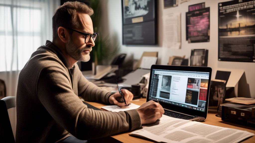 Create an image of a professional screenwriter in a cozy, modern workspace filled with movie posters and script notes. The screenwriter is actively working on a script, surrounded by books on screenwriting techniques and a laptop displaying a well-known screenwriting software interface. On a side table, there are marked-up scripts and feedback forms. In the background, a wall-mounted TV plays scenes from successful films, showcasing the real-world applications of masterclass screenwriting techniques.

**Prompt for DALL-E:** A professional screenwriter working in a cozy, modern workspace filled with movie posters and script notes. The screenwriter is focusing on a script, with books on screenwriting techniques and a laptop displaying screenwriting software. On a side table, there are marked-up scripts and feedback forms. In the background, a wall-mounted TV plays scenes from successful films, illustrating the application of masterclass screenwriting techniques.