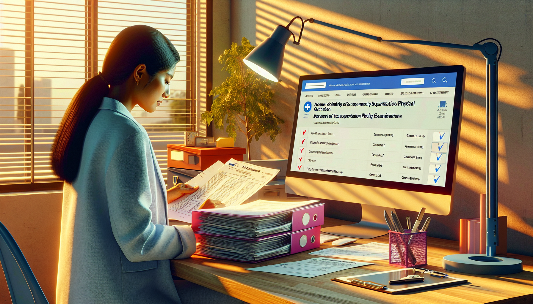 Image of a person preparing a folder filled with necessary documents alongside a checklist, in a home office setting, while on a computer screen, an open website features a map with locations of nearby DOT physical walk-in clinics highlighted. The scene captures the early morning light streaming through the window, suggesting preparation for an early appointment to minimize waiting times.