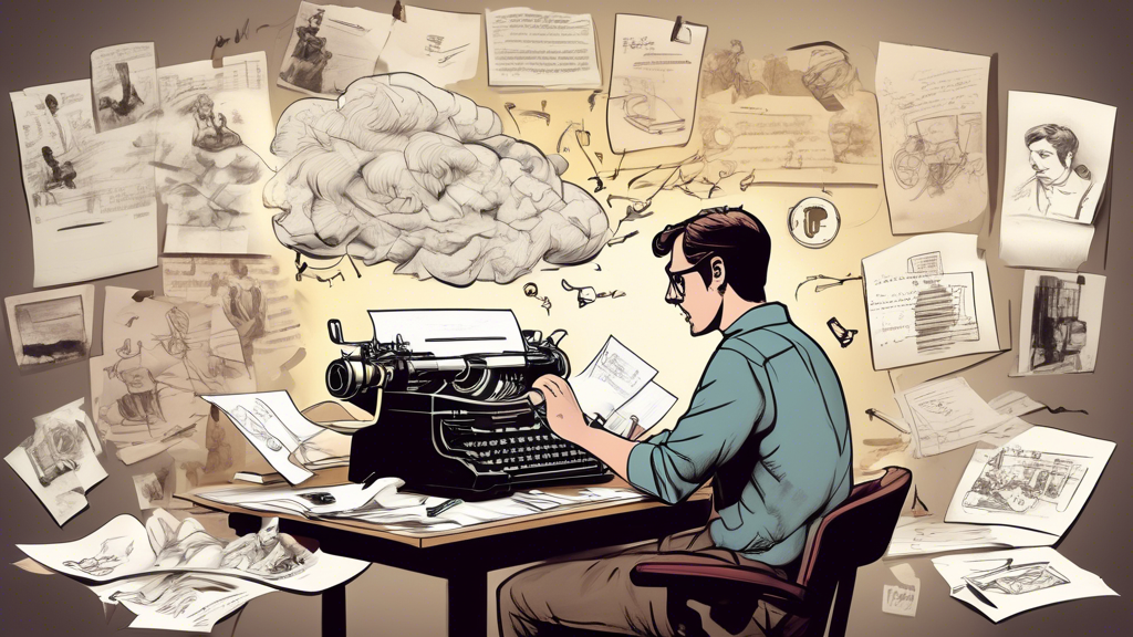 Create an image that depicts the creative process of a screenwriter: 

An imaginative workspace of a screenwriter in the midst of their creative process, with crumpled paper, sticky notes, and a storyboard covered with sketches and notes. The screenwriter sits at a desk, typing on a vintage typewriter, while a thought cloud above shows scenes of brainstorming, structuring, and revising a screenplay. The room is filled with film-related paraphernalia like movie posters, a director