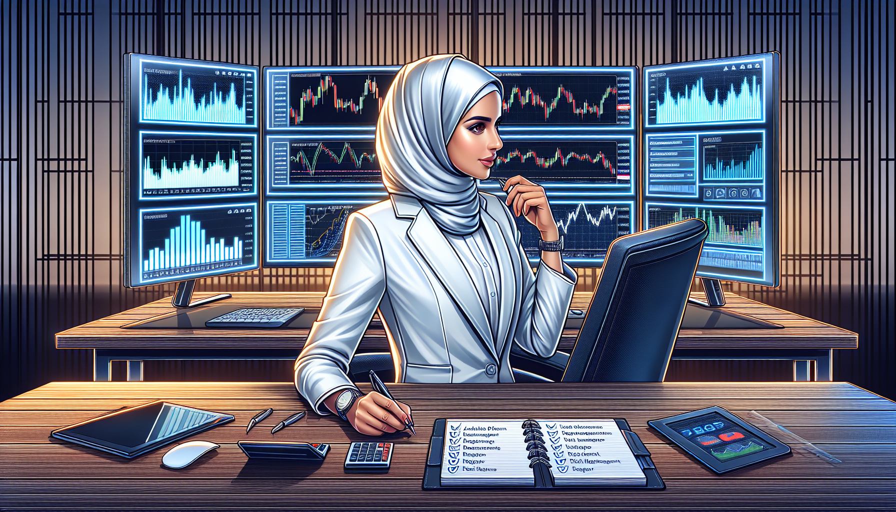 Create an image of a professional Forex trader sitting at a modern trading desk with multiple monitors displaying Forex trading charts and graphs. The trader is thoughtfully analyzing the screen while a checklist of tips for maintaining adequate margin levels is visible on a nearby notepad. The background features a sleek office interior with interactive tools and risk management software from Interactive Brokers highlighted on the monitors. The overall tone of the image should emphasize strategic planning and efficient margin management in Forex trading.