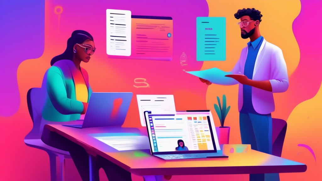 Prompt for DALL-E: A professional setting featuring a laptop with an open job description for hiring a script writer, a project brief document, and a checklist for interview questions. Nearby, a person is conducting an online video interview with a candidate, while another screen shows a negotiation of rates and deliverables. The scene is filled with vibrant colors and detailed visuals of modern remote work tools.