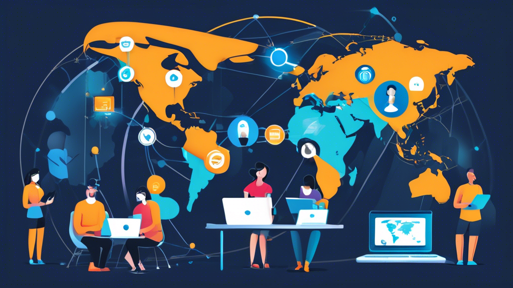 Create an image showing a diverse group of people using different devices (laptops, tablets, smartphones) connected through a secure Betternet VPN network. Illustrate three key benefits: a globe icon representing bypassing geo-restrictions and censorship, a speedometer showing improved internet speeds and bandwidth usage, and a masked figure symbolizing enhanced online anonymity and privacy. Include the Betternet logo to emphasize the brand.