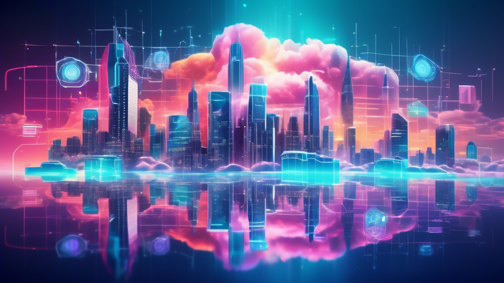 Create an image illustrating a futuristic cityscape with holographic data projections in the sky, representing cloud technology. The scene should emphasize trends like artificial intelligence and machine learning, with elements showing enhanced data security features, such as digital locks or shields. Use vibrant colors and a blend of modern architecture to depict innovation and the evolution of technology over the next decade.