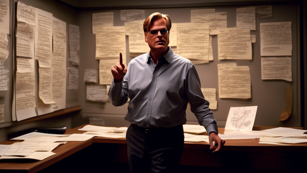 Create an image of Aaron Sorkin standing in a dimly lit room surrounded by stacked script pages and cinematic storyboard illustrations. He is pointing to a chalkboard behind him filled with notes on character development, dialogue snippets, and storyline arcs. The atmosphere should be inspiring and educational, capturing the essence of mastering screenwriting through Sorkin