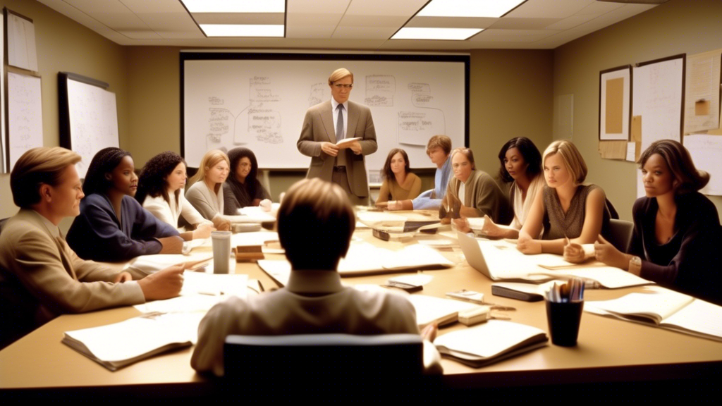 Create an image of a diverse group of aspiring screenwriters gathered around a table, deeply engaged in a practical exercise led by Aaron Sorkin. The room should be filled with creative energy, equipped with whiteboards covered in notes, script pages, and laptops. In the background, there are posters of famous movies Sorkin has written, providing an inspiring atmosphere. Include visual testimonials and success stories on a bulletin board, as well as a behind-the-scenes look with Sorkin sharing insights from his iconic scripts. The mood should be vibrant and motivational, capturing the essence of how the Aaron Sorkin Masterclass can transform one’s screenwriting skills.

Keyword: aaron sorkin masterclass.