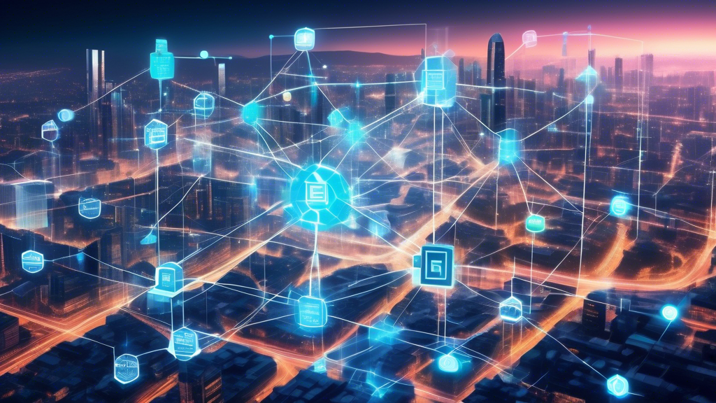 A futuristic cityscape with holographic interfaces depicting blockchain networks; highlights include graphical representations of scalability issues, energy consumption visuals, and regulatory icons. The background shows the integration of emerging technologies like quantum computing and AI, with industry sectors such as finance, healthcare, and supply chains connected through blockchain pathways. The scene provides a glimpse into the future impact of blockchain on global industries and everyday life, with vibrant and dynamic elements illustrating ongoing challenges and innovations in the blockchain eco system.