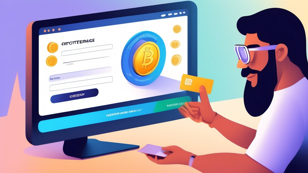An illustrative guide showing a person buying cryptocurrency with a credit card: a computer screen displays a popular crypto exchange platform with step-by-step instructions, including selecting the amount of crypto, entering credit card details, and confirming the purchase. The image also features security tips, wallet information, and solutions to common troubleshooting issues. The overall feel is user-friendly, informative, and secure, aimed at helping beginners navigate their first crypto purchase.