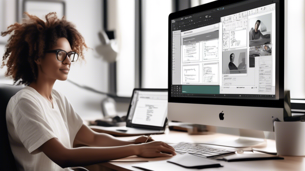 Create an image showing a screenwriter using Celtx software with an organized digital workspace, featuring Celtx’s storyboard tool prominently on the screen. Surround the screenwriter are elements like a storyboard sketch, budget sheet, and a professional-looking script ready for presentation. The background should hint at a collaborative environment, with a minimalistic and modern aesthetic, to convey productivity and professionalism.