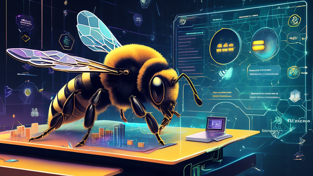 Prompt for DALL-E: 

Create a detailed and futuristic illustration showing different investment strategies with Bee Finance Crypto. The image should include diverse elements like a bee-themed financial hub with holographic screens displaying data on diversification, risk management, staking, yield farming, and unique tools for maximizing returns. Incorporate bees working meticulously on financial charts and graphs, surrounded by vibrant and high-tech digital elements that convey innovation and growth in the crypto investment space.