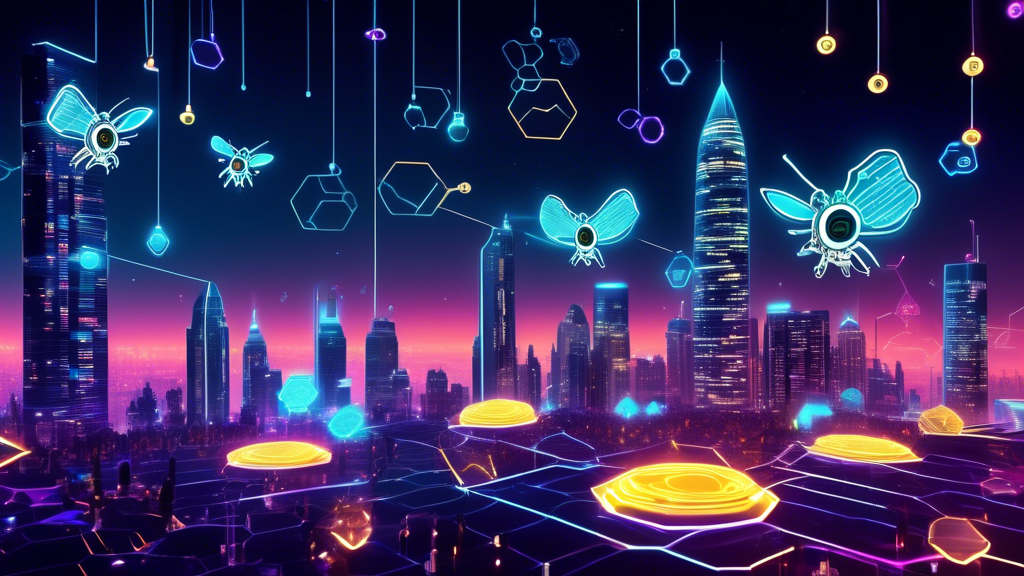 Create an image of a futuristic city skyline lit with neon lights shaped like honeycombs. In the sky, digital bees carrying glowing cryptocurrency symbols (like Bitcoin, Ethereum) are flying towards a towering digital hive labeled Bee Finance. The backdrop includes holographic charts and trends indicating future market growth. The overall scene should visually convey the future prospects, trends, and market impacts of Bee Finance Crypto.