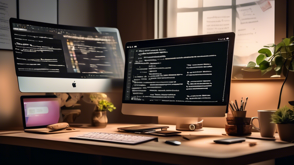 Create an image of a desk with a modern computer screen displaying a split interface of different script writing programs side by side. Surround the desk with various items that signify 2023 such as a trendy coffee cup, a smartphone with a popular social media app opened, and a few scattered customer review printouts. Have a professional ambiance with soft lighting to emphasize the importance of choosing the right script writing software.