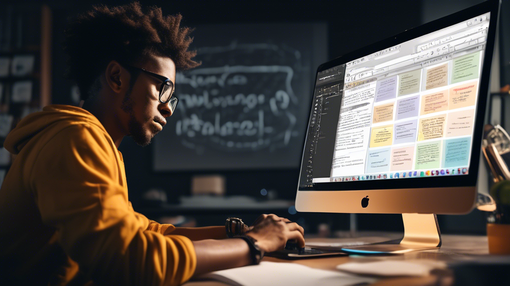 Create an image portraying a person working on a laptop with a dynamic and engaging script writing program interface on the screen. The interface should display advanced features like a timeline, dialogue editor, and narrative structure tools. The background should include elements that signal creativity and productivity, such as a storyboard, sticky notes, and a calendar filled with writing goals. The overall mood should be inspiring, encouraging mastery of script writing.