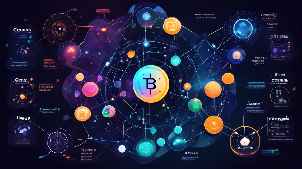 Create an image that visualizes the core components of the Cosmos Crypto Ecosystem. The central focus should be the Cosmos Hub depicted as a vibrant, interconnected hub within a network. Surrounding the hub, illustrate ATOM tokens with clear labeling to indicate their utility. Additionally, include graphical representations of interchain communication facilitated by the Inter-Blockchain Communication (IBC) protocol, depicting seamless data flow between different blockchains. Ensure the image conveys a sense of interconnectedness and advanced technology within the cosmos crypto ecosystem.