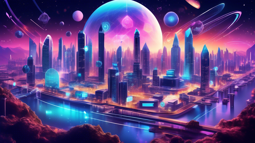 Create an image that visually represents the future prospects and developments in the Cosmos crypto ecosystem. The scene should depict a futuristic city powered by blockchain technology, with various holographic interfaces illustrating network upgrades, enhanced scalability, security features, and interoperability bridges. Include diverse community members collaborating on innovative projects, symbolizing the vibrant and active Cosmos community driving the ecosystem