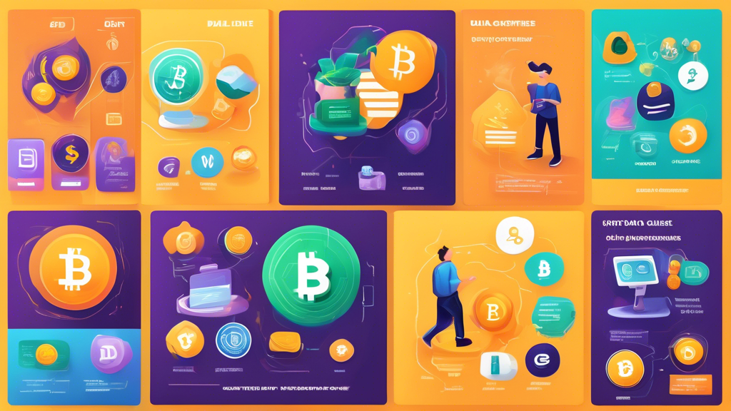 Create a DALL-E image that depicts a beginner-friendly crypto investment guide: show an illustrated step-by-step process starting with Selecting the Right Exchange Platform (with icons or logos of popular platforms), followed by Setting Up a Digital Wallet (with visuals of digital wallets on different devices), and ending with Diversifying Your Crypto Portfolio (featuring various cryptocurrencies like Bitcoin, Ethereum, and others). Use bright colors and clear, easy-to-understand graphics to convey the information.
