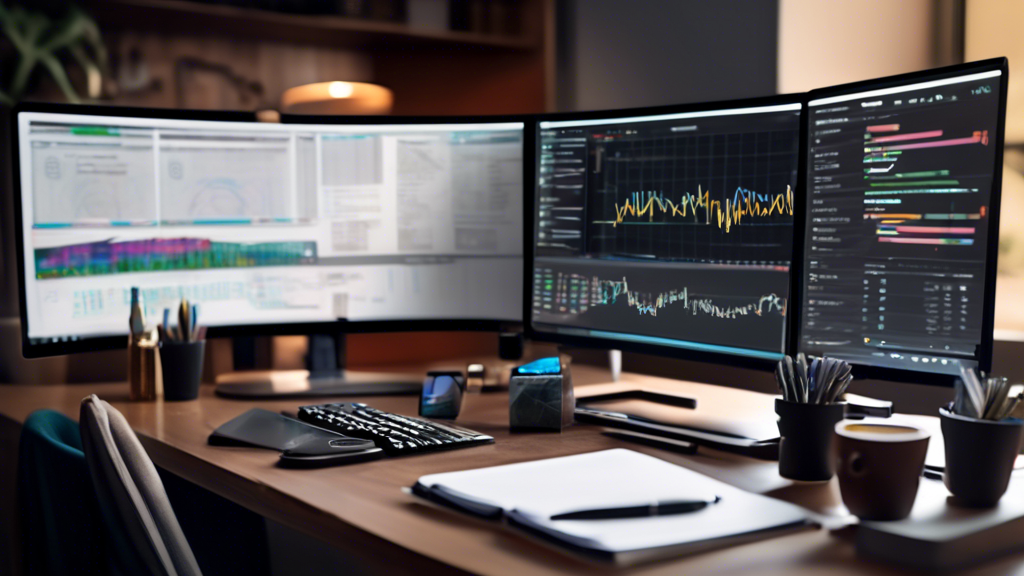 Create an image of a modern workspace with a dual monitor setup. One screen shows a detailed graph of cryptocurrency market trends, while the other displays news articles about regulatory changes in the crypto market. On the desk, a notepad with handwritten notes about risk management practices and a few crypto-related books are scattered. A cup of coffee and a sleek digital wallet device are also placed on the table, emphasizing an organized yet active crypto investment environment. 

[Keywords: crypto investment, modern workspace, market trends, regulatory news, risk management]