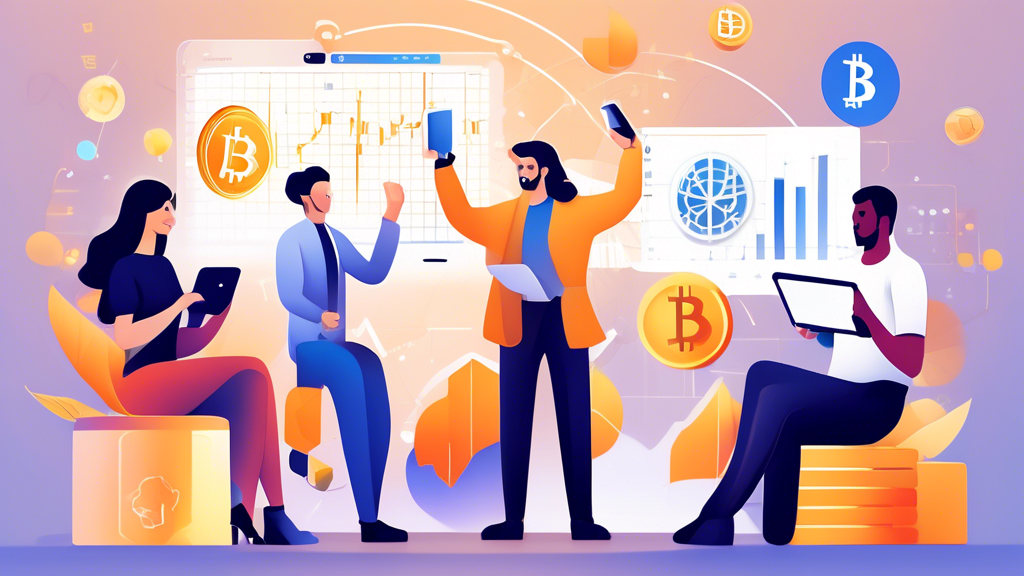 Create an image showing a diverse group of people, each with a digital tablet or smartphone, actively managing their crypto investments. The backdrop should include charts, graphs, and blockchain icons to symbolize market trends, along with regulatory symbols like scales and gavel. The atmosphere should be modern and dynamic, highlighting tips and best practices for effective crypto finance management, underlined by the theme: Tips and Best Practices for Managing Your Crypto Finances.