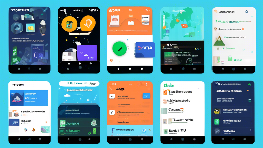 DALL-E prompt: An illustrated collage showing a selection of the top free VPN apps for Android in 2023. Include app icons for ProtonVPN, Windscribe, and TunnelBear, rated with stars and brief pros and cons listed next to each. Depict a variety of Android devices, such as smartphones and tablets, displaying these VPN apps in use. Add visual elements like speed meters, padlocks for security, and user ratings to emphasize app performance and security features.