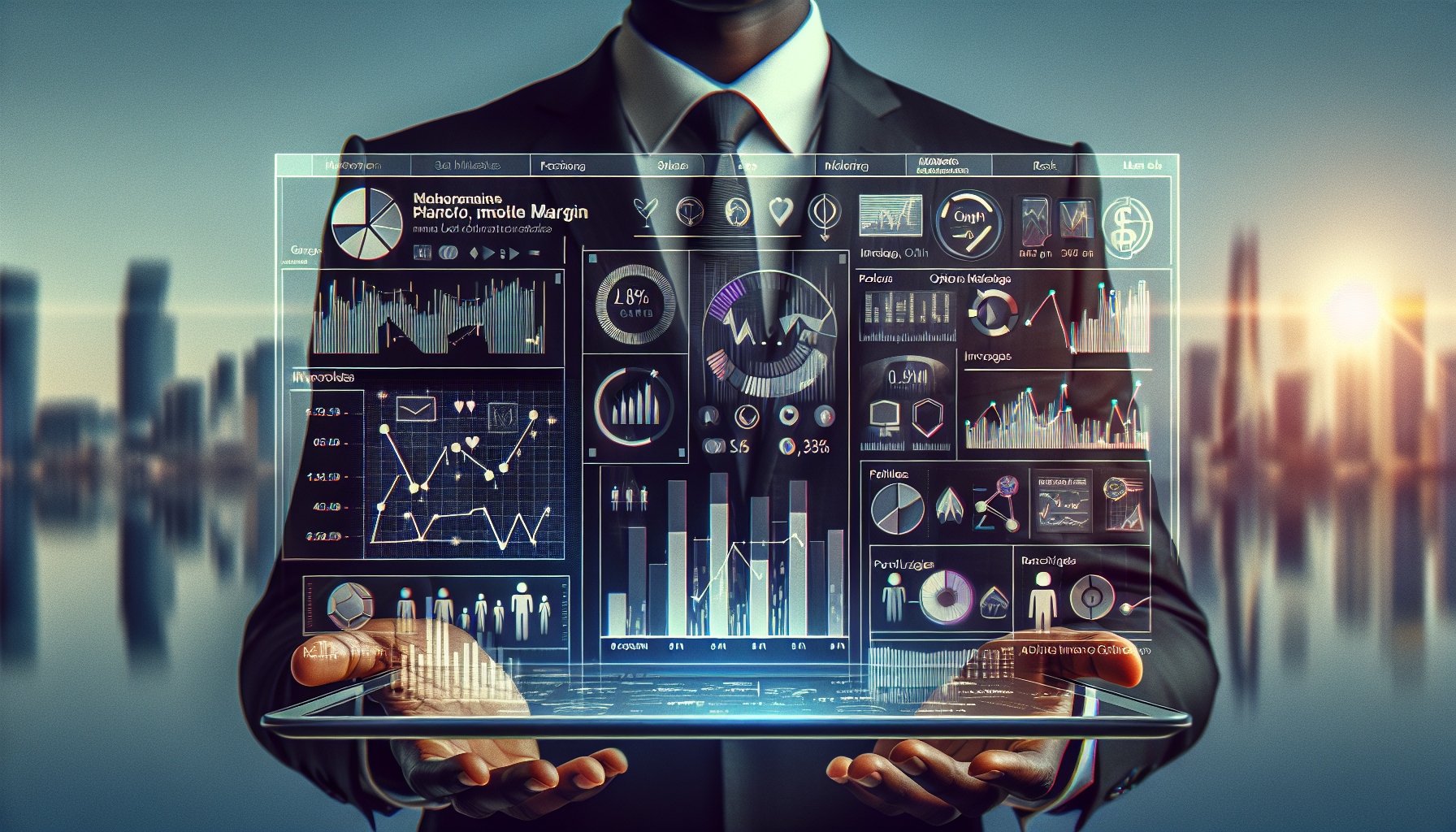 Create an image that depicts a sophisticated investor interface for Tastyworks Portfolio Margin Strategies. In the foreground, show a confident investor analyzing data on a modern computer screen, which displays various graphs and charts related to risk management techniques and investment strategies. Surround the main screen with smaller, semi-transparent overlays showing examples of options trading and diversified portfolios. The background should include subtle, illustrative icons representing financial growth, risk mitigation, and successful case studies. Make the atmosphere professional, sleek, and focused, featuring Tastyworks branding elements for authenticity.