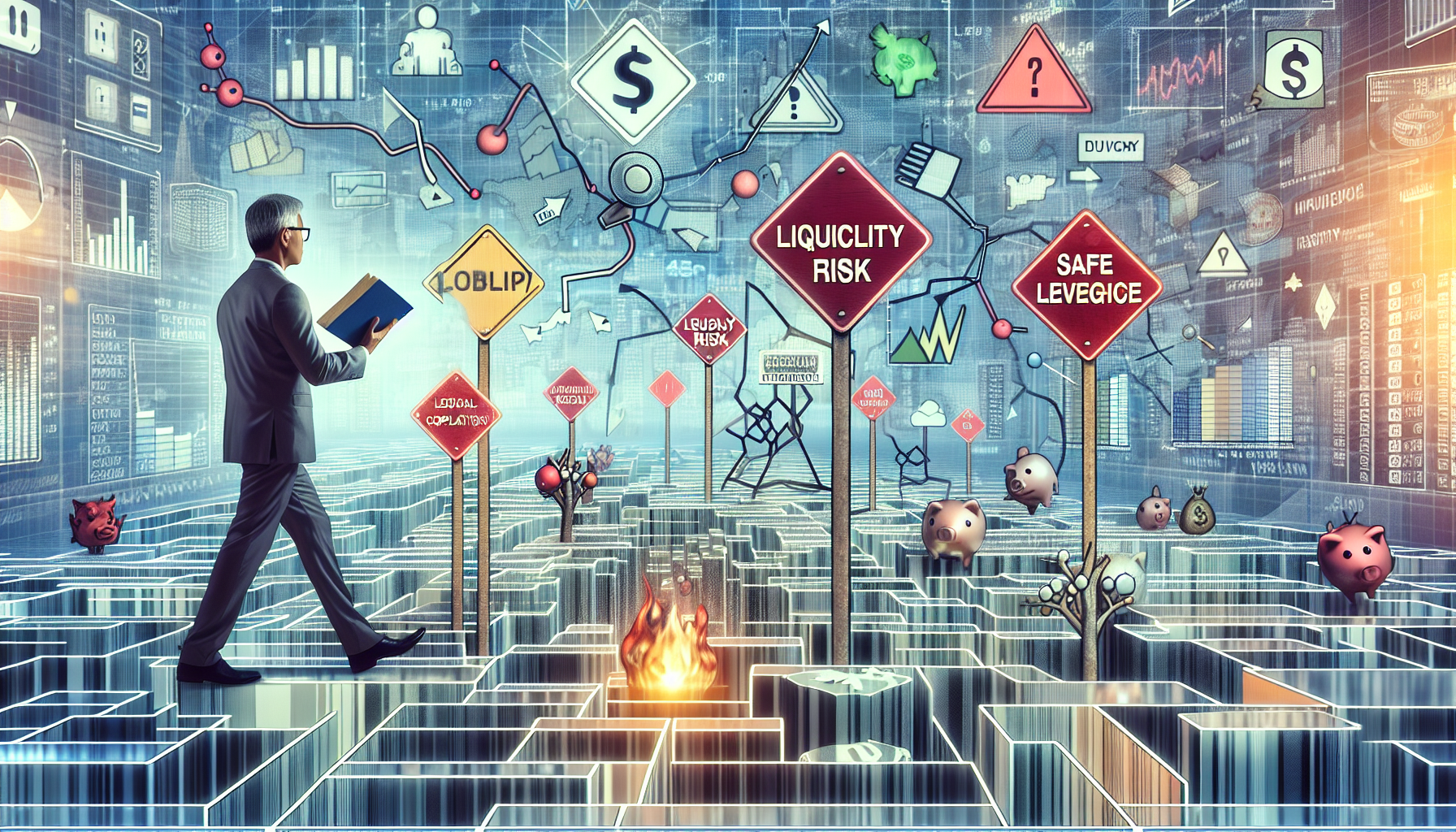 Create an image that illustrates the challenges and solutions in managing risky investments with Tastyworks Portfolio Margin. The scene should show an investor navigating a complex landscape filled with warning signs for liquidity risk and market volatility. The investor should have a guidebook labeled Best Practices for Safe Investing and be clearly avoiding pitfalls like over-leveraging and regulatory tangles. The backdrop should subtly include references to Tastyworks and regulatory bodies like FINRA and SEC to contextualize the environment.