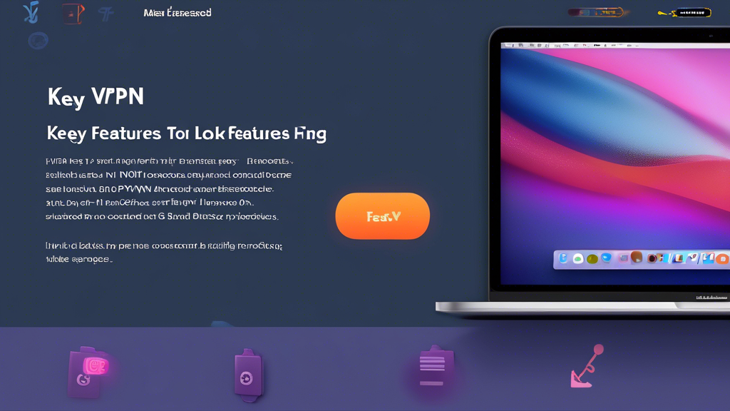 Create an image showcasing key features to look for in a VPN for Mac. Include elements such as a laptop with the macOS interface displaying a VPN app, checkmarks next to key features like fast connection speeds, extensive server coverage, strong privacy policies with no-logs, and user-friendly installation. Include icons representing these features and make the setting modern and tech-savvy.